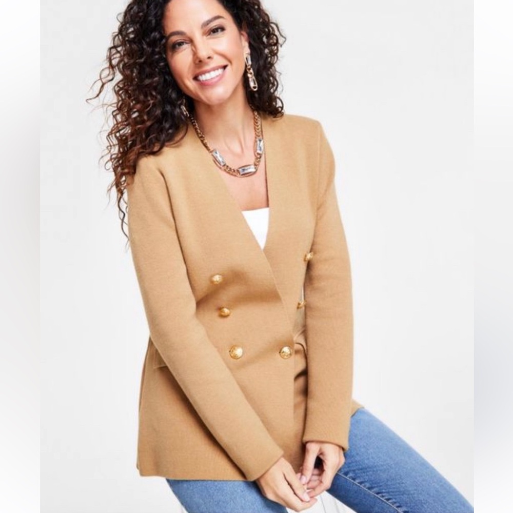 INC International Concepts Beige Double-Breasted Sweater Blazer